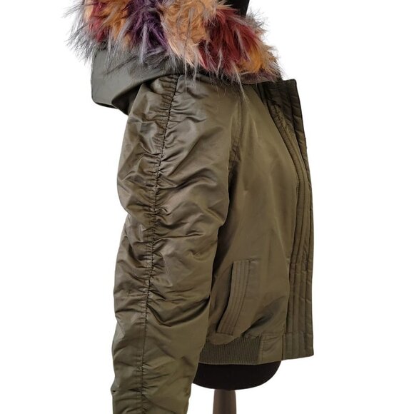 Pink platinum Bomber Jacket Army Green Faux Fur Hood Size Small Junior - Picture 10 of 15